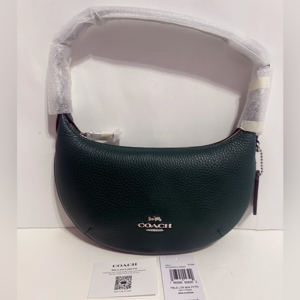 NWT!!Coach Mini Payton Bag pebbled leather/Silver/Emerald Green